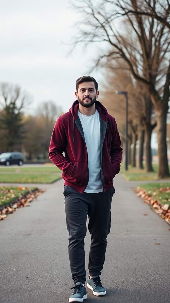 A person wearing a maroon oversized sweater, standing in an autumn landscape with orange leaves.