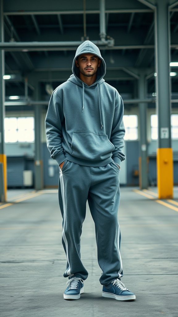A man wearing a gray baggy hoodie and sweatpants in an industrial setting.