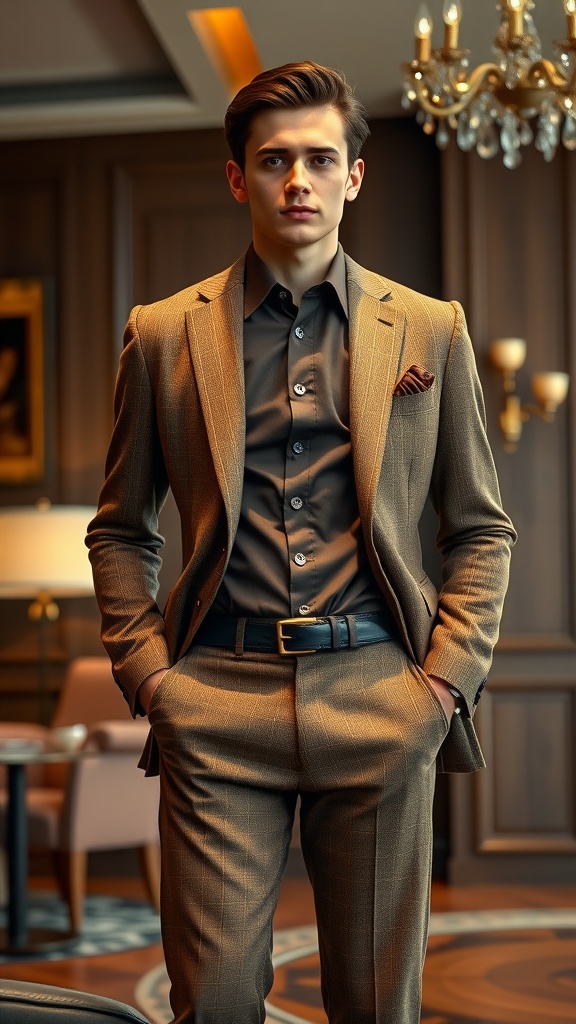 A young man in a brown checkered blazer and dark brown shirt, standing confidently.