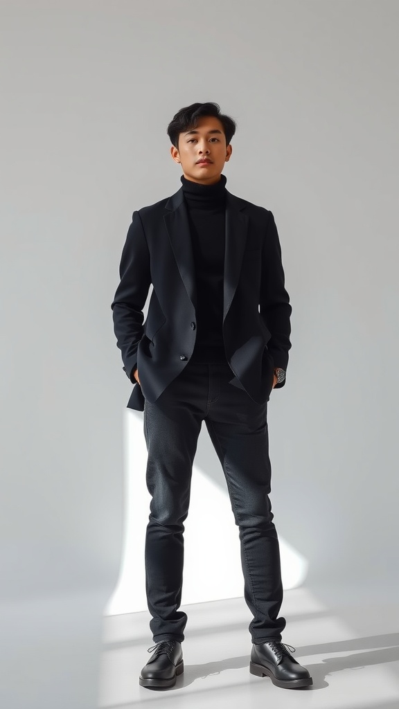 A man wearing a black blazer and black denim, styled with a black turtleneck and sleek shoes.