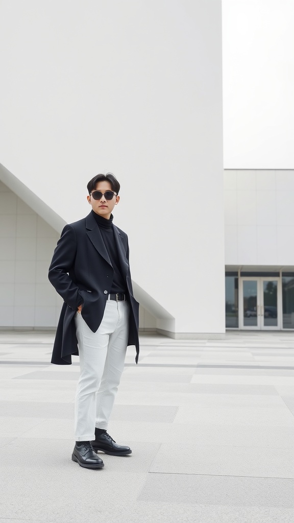 A stylish man in a black blazer and turtleneck with light trousers, standing confidently in an urban setting.