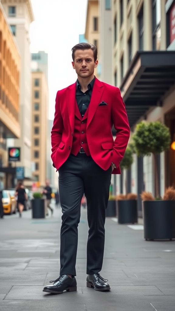 A man wearing a red blazer with black trousers, standing confidently on a city street.