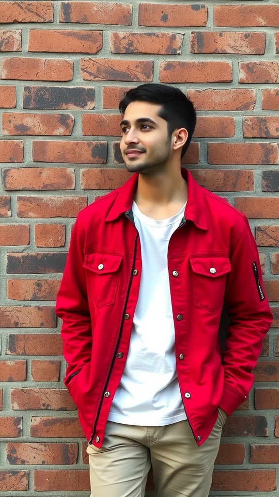 A young man wearing a red casual jacket over a white tee, standing against a brick wall.