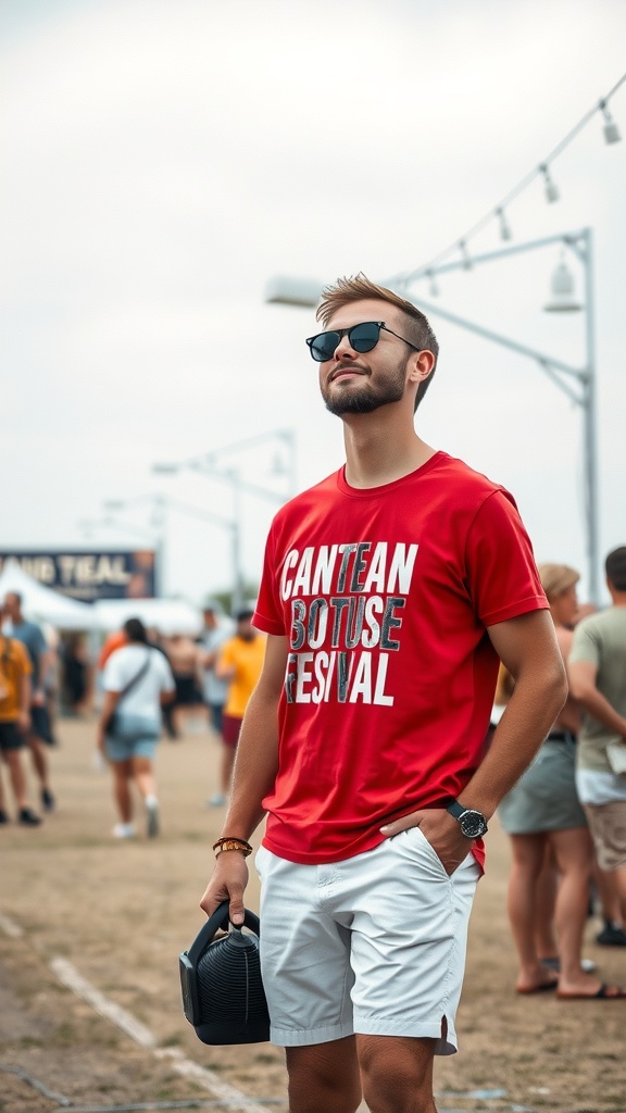 A man wearing a red graphic tee with white shorts, sunglasses, and holding a small speaker at an outdoor festival.
