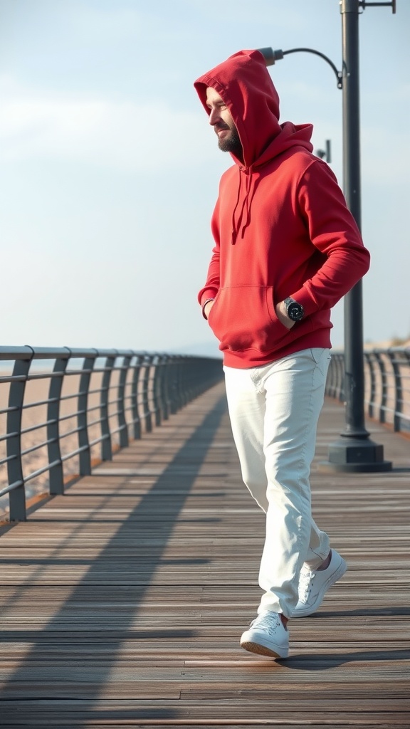 A man walking on a boardwalk wearing a red hooded sweatshirt and white pants