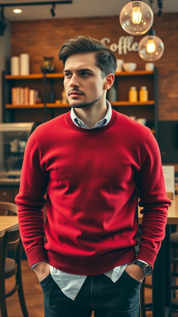 A man wearing a red sweater over a white button-up shirt, standing in a cozy coffee shop.