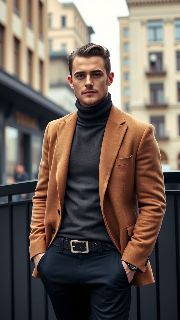 Man in a brown blazer and turtleneck, standing confidently outdoors.