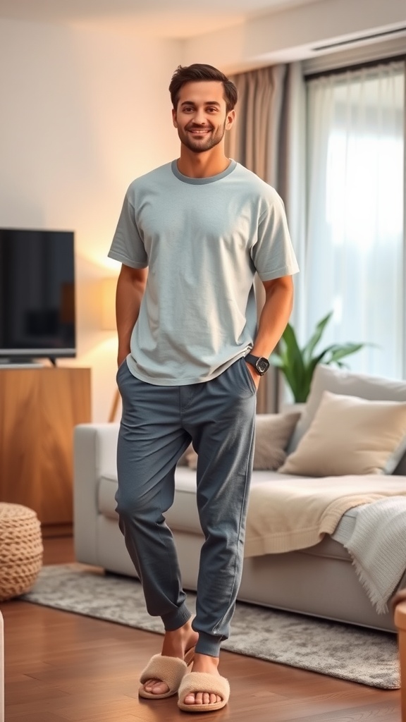 Casual relaxed evening outfit featuring a light green t-shirt, grey sweatpants, and fluffy slippers.
