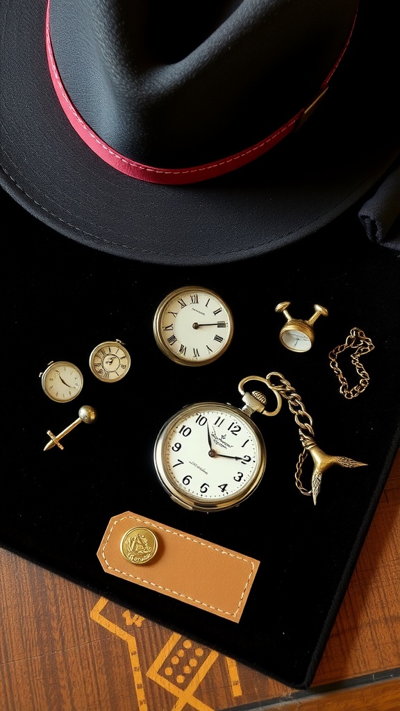 A collection of retro accessories including a black fedora hat, pocket watches, cufflinks, and a leather tag, showcasing 1920s style.