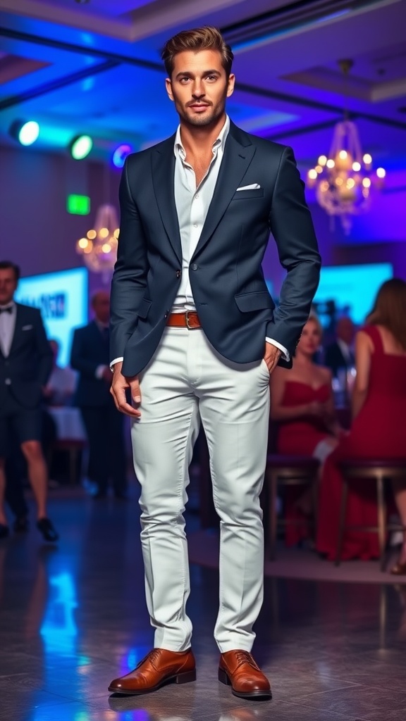 A man wearing a navy blazer with white dress pants and brown shoes, looking sharp at an event.