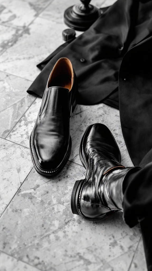 Close-up of sleek leather shoes and a black blazer on a textured floor.