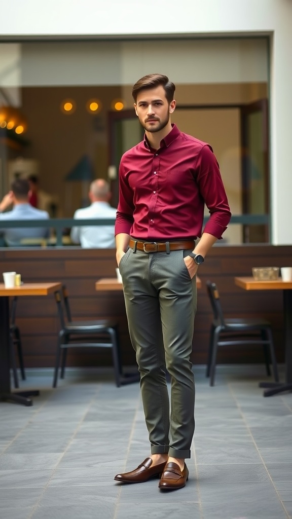 A man in a maroon button-up shirt, olive green trousers, and brown loafers, showcasing a smart-casual look.