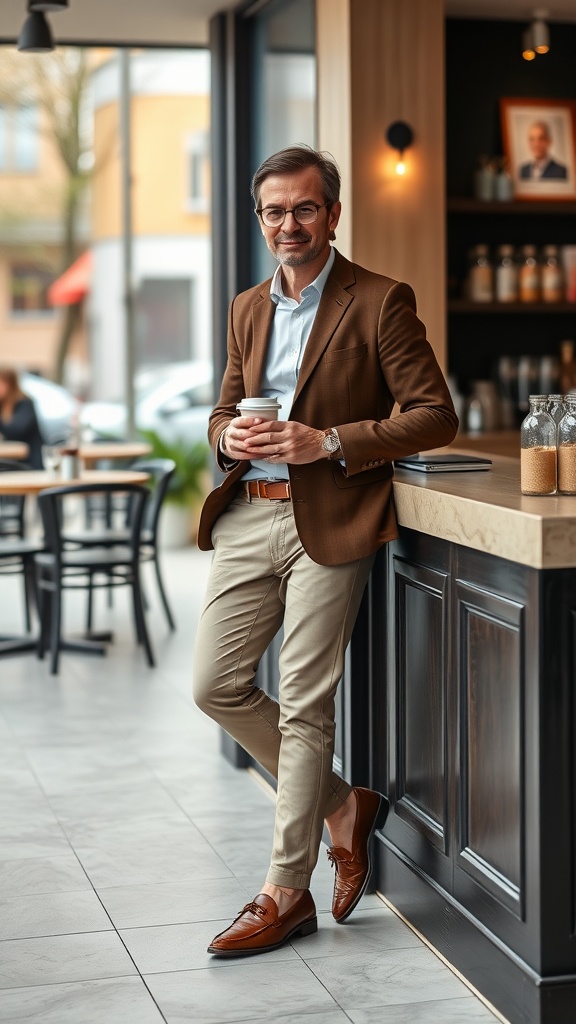 A man in a brown blazer and chinos, holding a coffee, standing in a modern cafe.