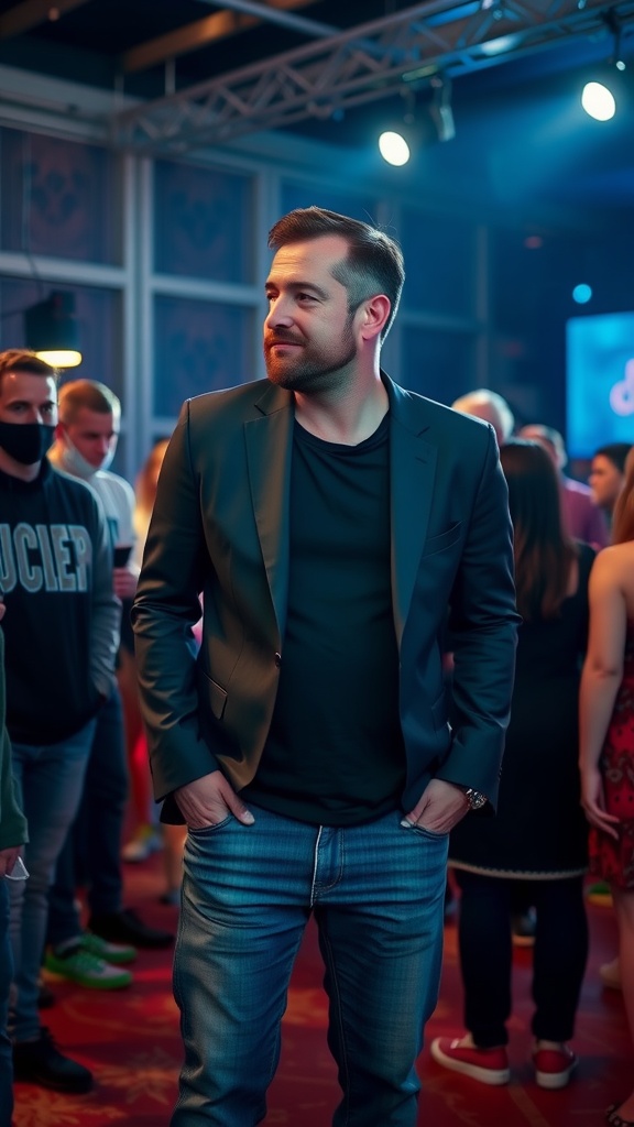 A man in a blazer and jeans at a concert, looking confident and stylish.