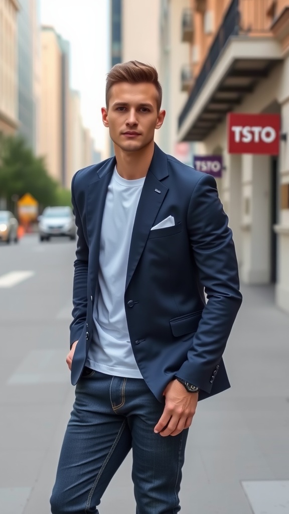 A man in a navy blazer and white tee standing confidently on a city street.