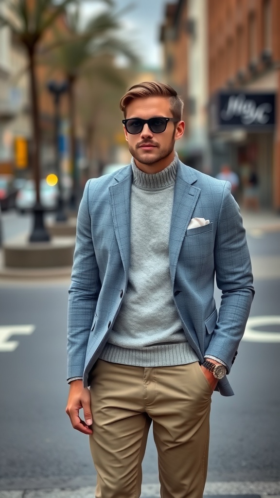 A fashionable smart casual outfit featuring a navy blazer, gray sweater, and beige trousers.
