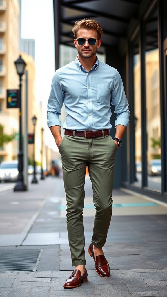 Smart casual outfit featuring olive green trousers, a light shirt, brown loafers, and a stylish bag.