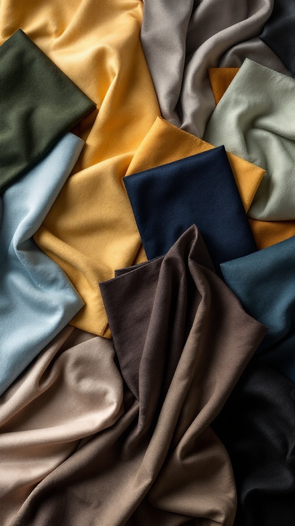 An array of fabric swatches in various colors including yellow, gray, blue, and brown.