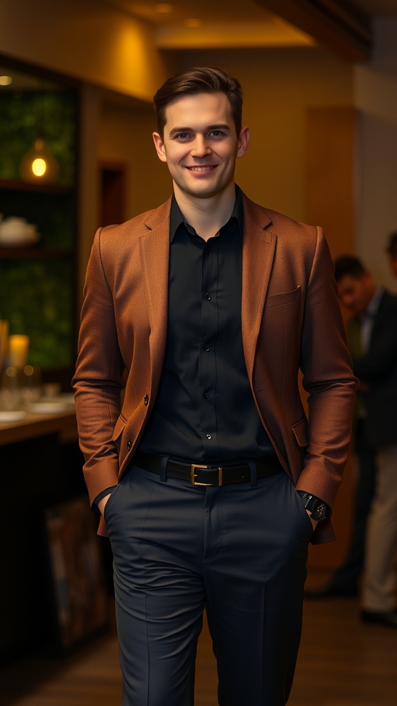 A man wearing a brown blazer over a black shirt, paired with navy trousers, smiling in a sophisticated setting.