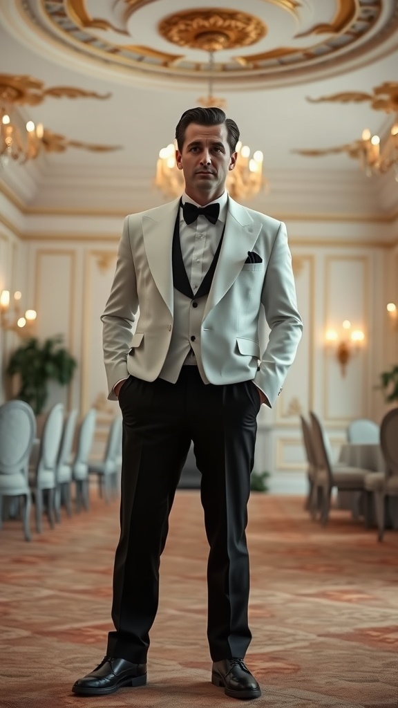 A man wearing a sophisticated white dinner jacket with black trousers, posing in an elegant setting.