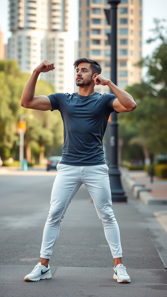 A man showcasing a sporty look in white joggers and a fitted t-shirt, posing confidently in an urban setting.