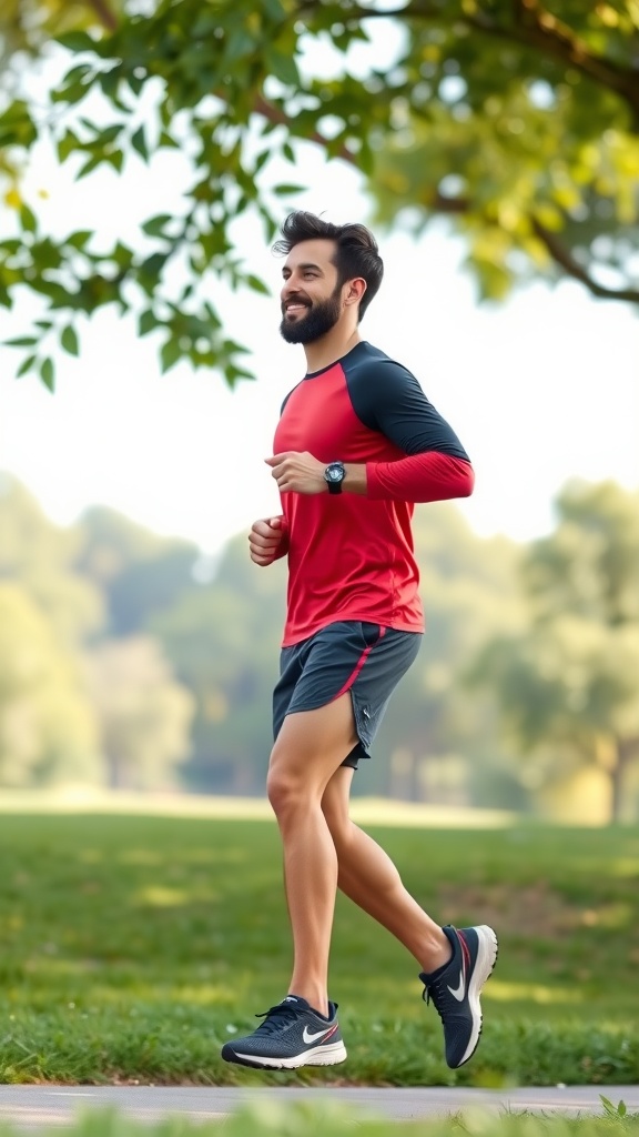 A man jogging in a red and navy raglan 3/4 sleeve t-shirt and shorts in a park.