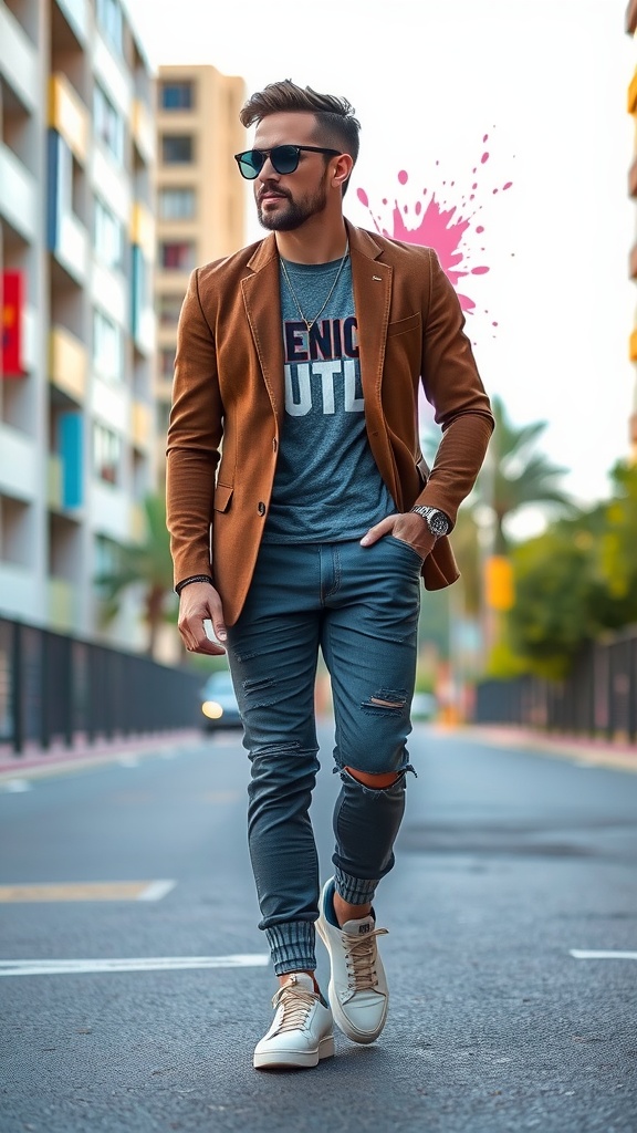 A stylish individual wearing a brown blazer over a graphic tee, paired with light jeans and colorful sneakers, walking in an urban setting.