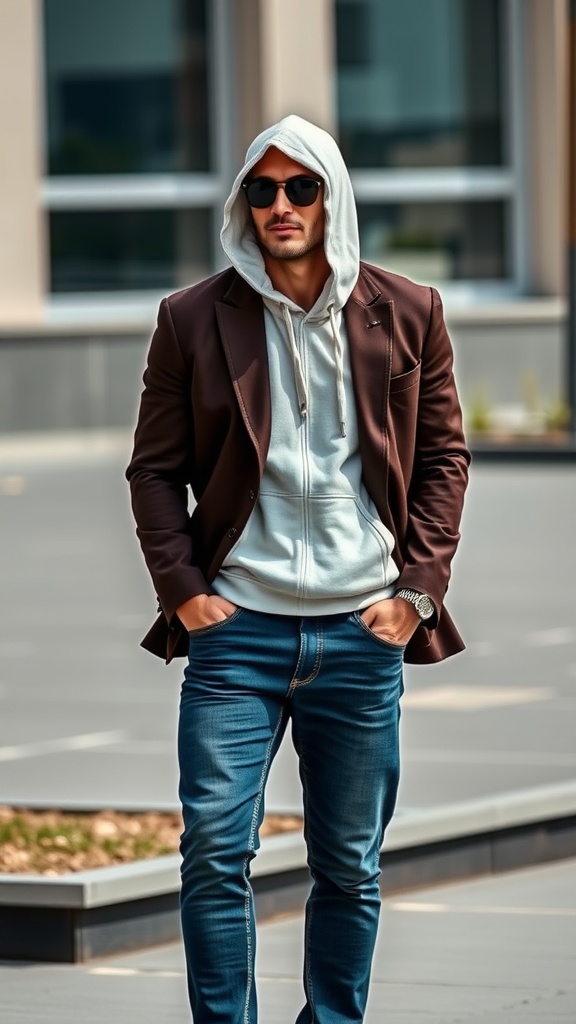 Man wearing a brown blazer over a gray hoodie and blue jeans, looking stylish in an urban setting.
