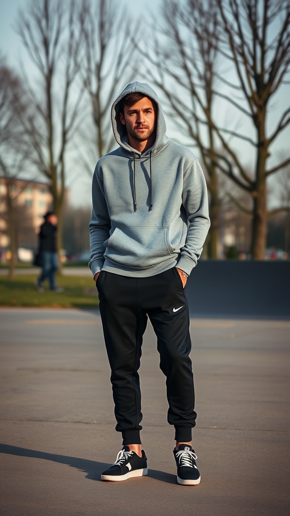 A sporty outfit featuring a hoodie, joggers, and white sneakers, set in an outdoor location with a blurred background.
