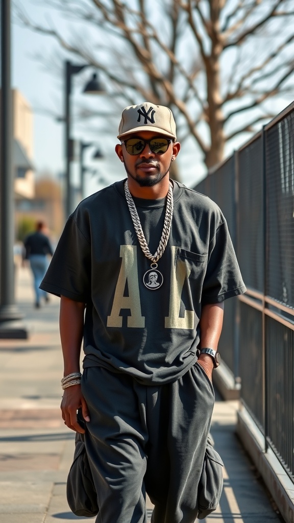 A man walking in a baggy outfit with a bold graphic t-shirt, cap, sunglasses, and statement jewelry.