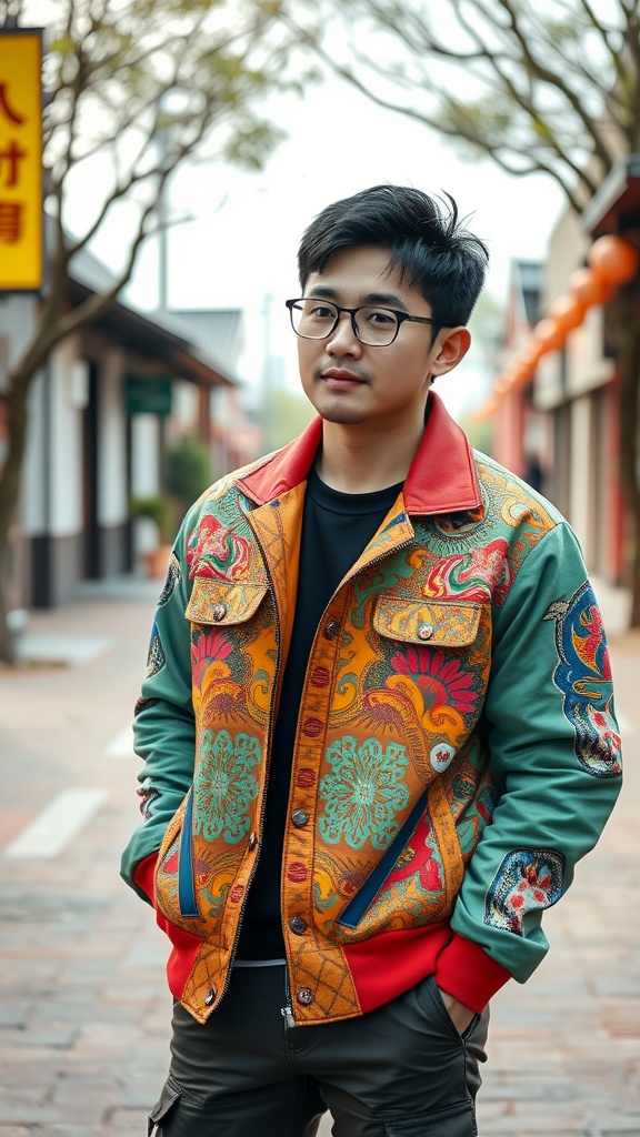 A young man wearing a colorful statement jacket with intricate patterns, standing on a street.