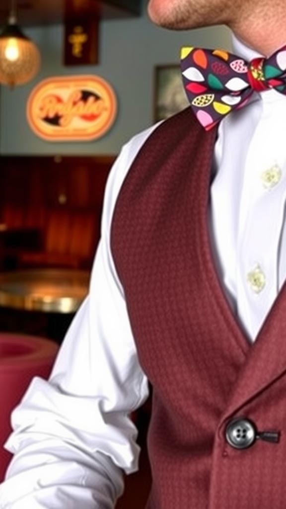A man in a stylish flapper-inspired outfit featuring a patterned vest, bow tie, and feather accessory.