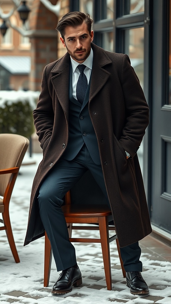 A stylish brown overcoat over a suit, set against a snowy window backdrop.