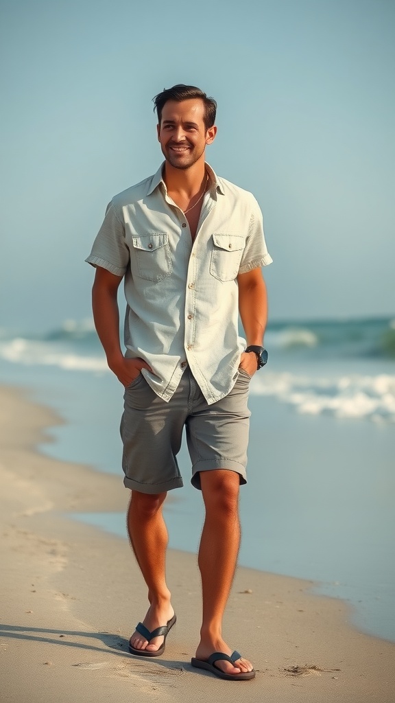 Man in plaid shirt and shorts standing on the beach