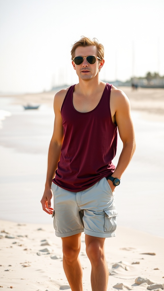 A man wearing a maroon tank top and light cargo shorts at the beach.