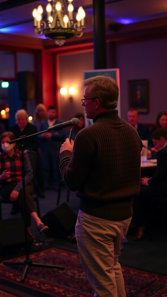 A man in a cozy sweater and light pants speaking at a microphone in a concert setting