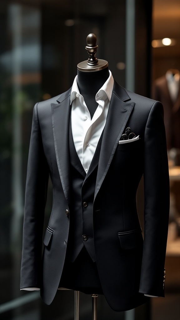A tailored black suit on a mannequin featuring a crisp white shirt.