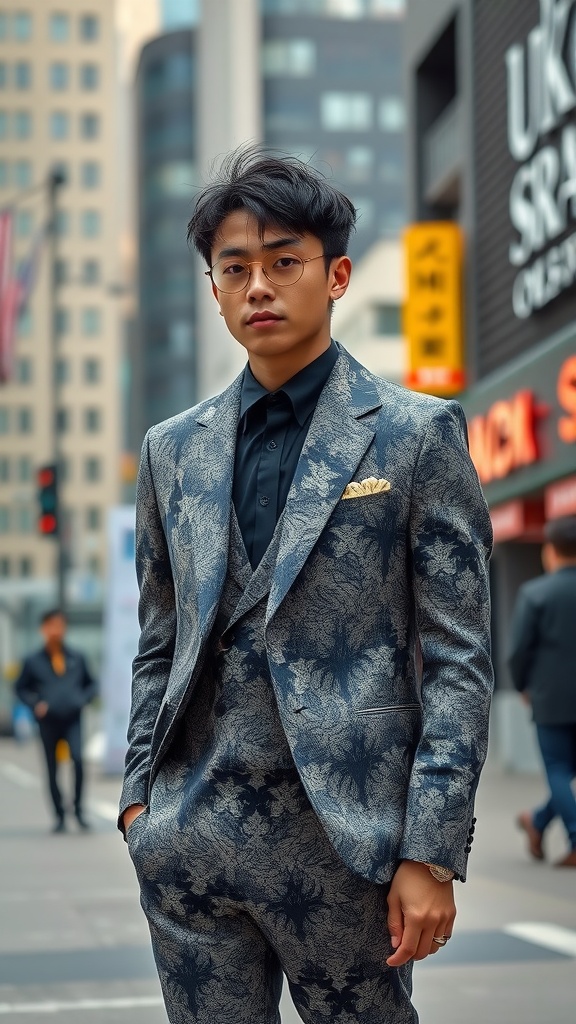 A young man in a floral patterned tailored suit, standing confidently in an urban setting.