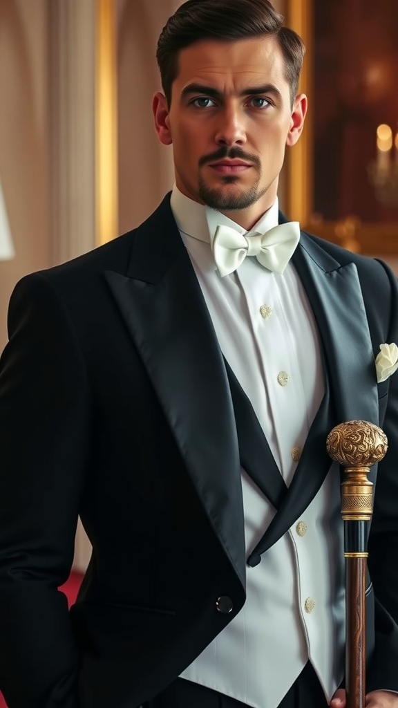 Black tailored tuxedo on a mannequin with a bow tie