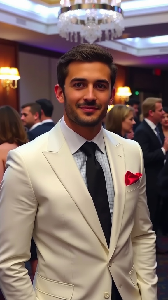 A man wearing a tailored white blazer with a red pocket square and a black tie, smiling at a formal event.