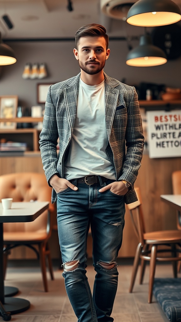 A man in a textured plaid blazer and ripped jeans, posing confidently in a café setting.