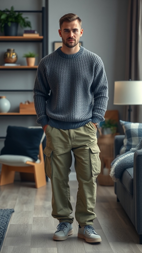 A young man wearing a chunky knit sweater and olive green cargo pants, standing in a cozy living room.