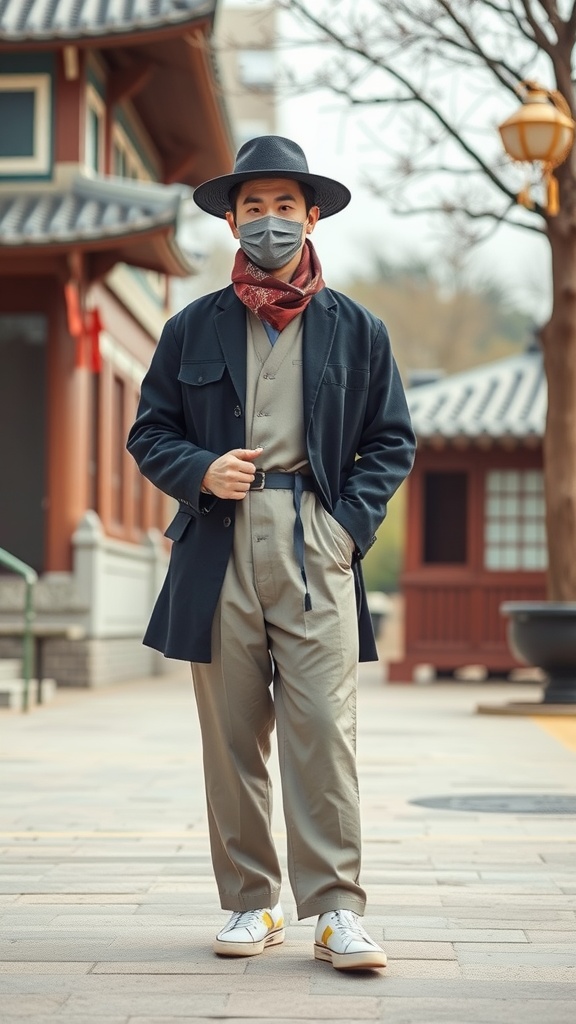 A man in a stylish outfit blending traditional and contemporary elements, standing in front of traditional Korean architecture.