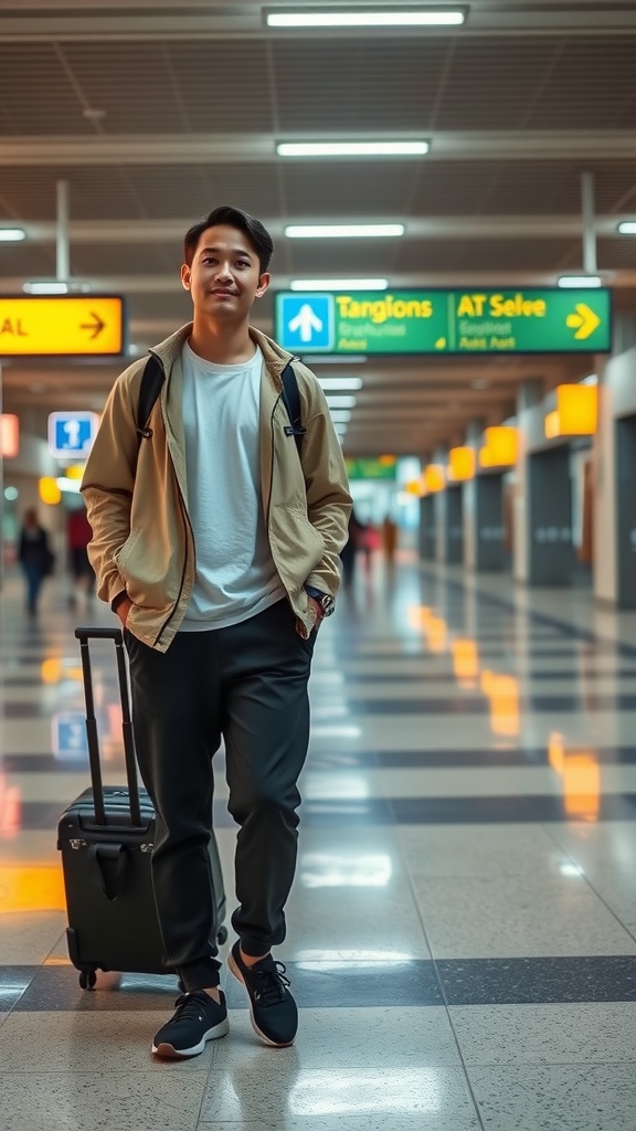 A man in a travel-friendly outfit standing in an airport with a suitcase.