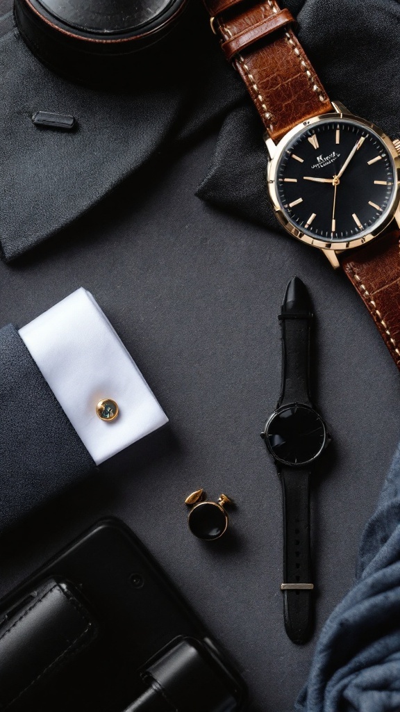 Stylish men's accessories including a watch, cufflinks, bow tie, and wallet arranged on a dark surface.
