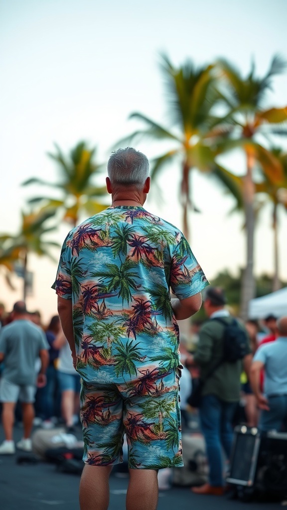 A person wearing a tropical print shirt and shorts, standing in a crowd at a concert.