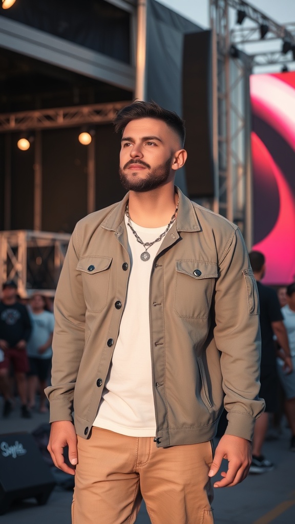 A man wearing a utility jacket over a white t-shirt, standing at a concert venue with a casual yet stylish appearance.