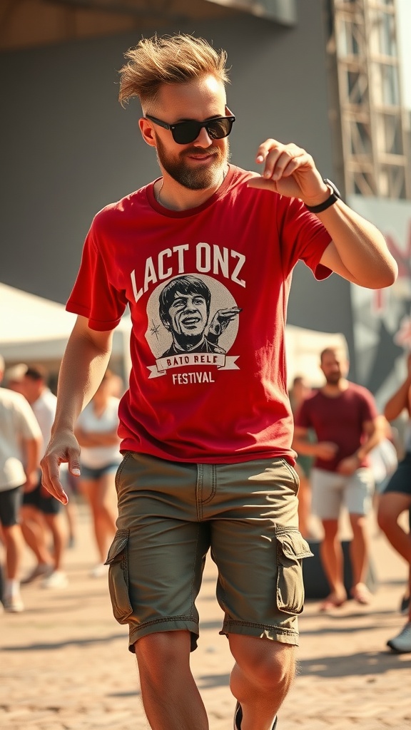 Man in a vintage band tee and cargo shorts dancing at a concert.