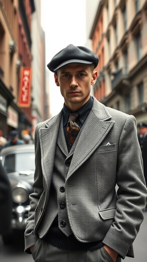 A man in a vintage gray suit and newsboy cap, standing on a city street.