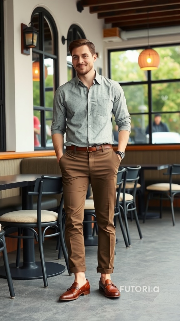 A man in a gray button-up shirt and brown chinos, standing in a café for a weekend brunch.